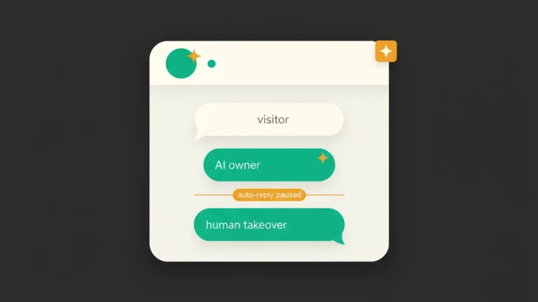 Chat panel showing AI reply, then a human takeover with an 'auto-reply paused' marker.