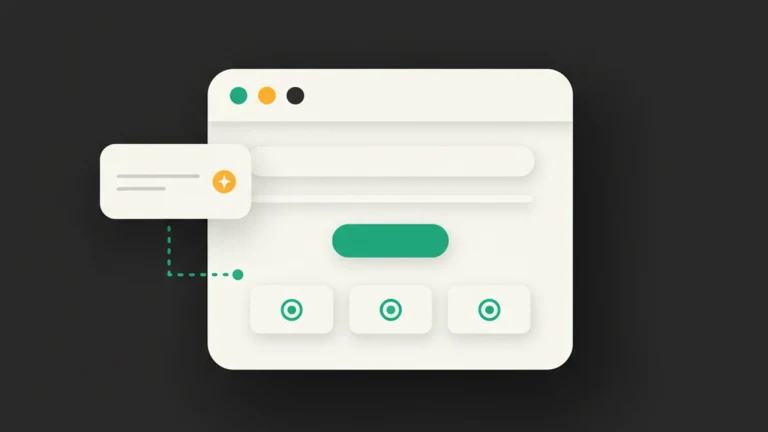 Browser with a generated landing page and an amber prompt-input card with a sparkle suggesting AI generation.