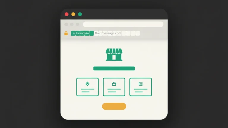 Browser with a landing page mockup and the URL bar showing a branded subdomain with a small lock icon.