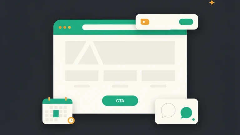 Landing page with chat panel, top-banner popup, and a calendar booking card layered over it.