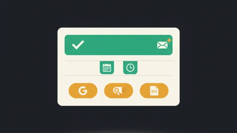 Booking confirmation card with a check-mark, date and time chips, and provider deep-link buttons (Google, Outlook, .ics).