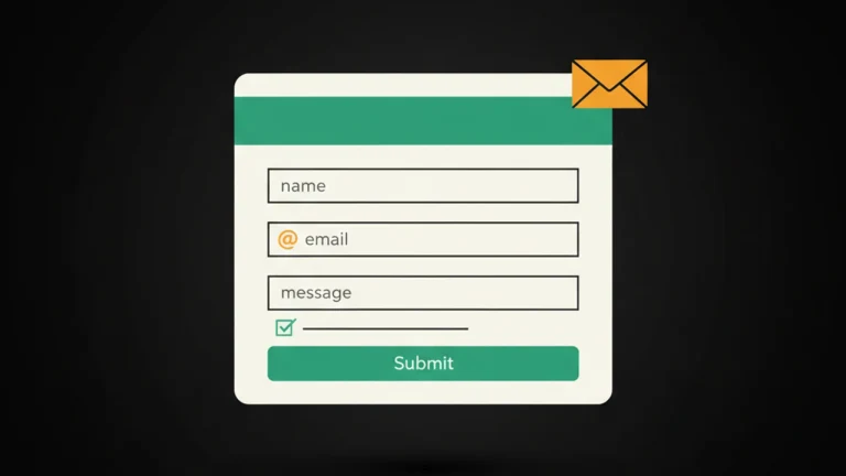 Contact form card with name, email, message fields, a consent checkbox, and a green submit button.