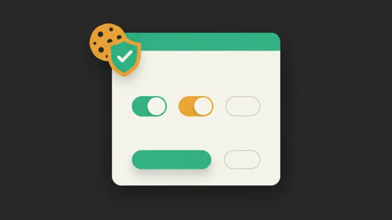 Cookie-consent banner with three category toggles, an accept and reject button, and a cookie + shield mark.