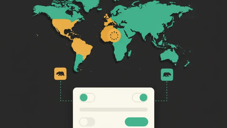 World map with EU and California highlighted, connected to a consent banner — show the banner only where required.