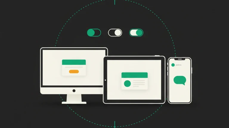 Three devices side by side — desktop, tablet, phone — each showing a tailored floating message.