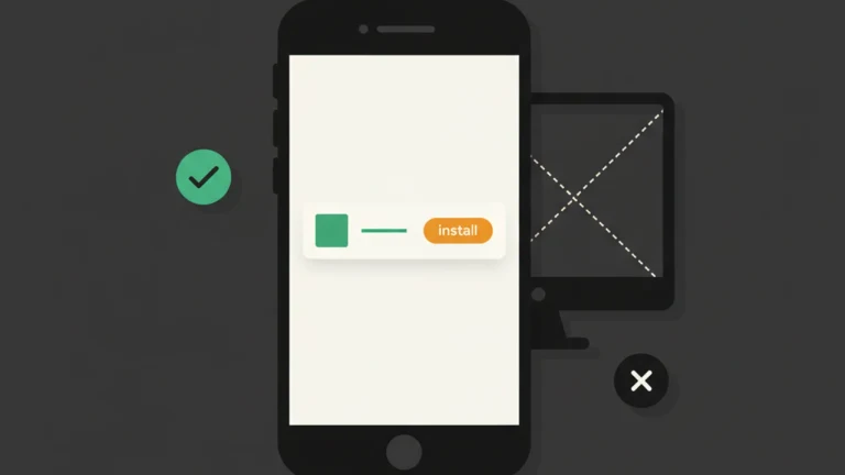Phone with a mobile-only app-install banner; greyed-out desktop next to it indicates the banner is hidden there.