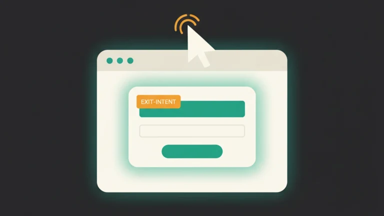 Browser window with cursor exiting the top edge and an exit-intent popup catching the visitor with a 10% discount.