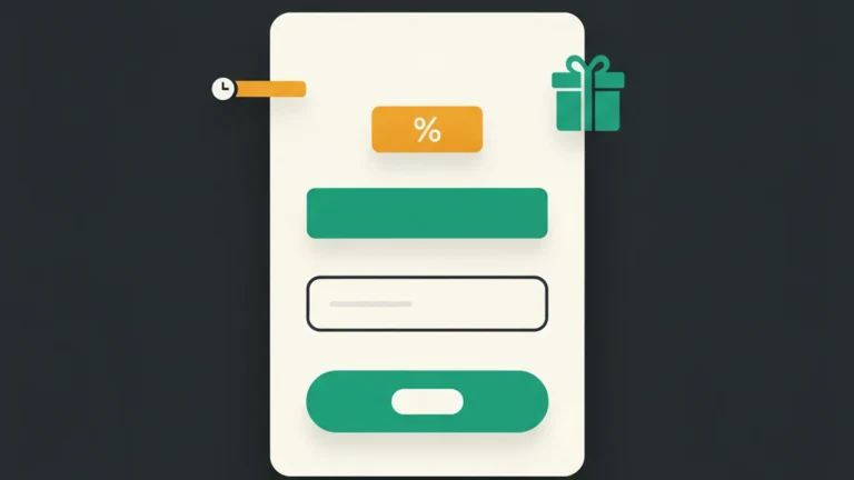Exit-intent offer card with a discount tag, headline, email input, CTA, and a small countdown bar.