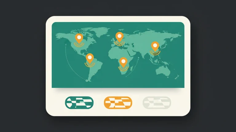 World map card with four country pins and three flag chips marked allow / limit / block.