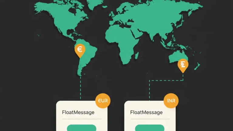 World map with two popups — one EUR-tagged for Europe, one INR-tagged for India — connected to their region pins.