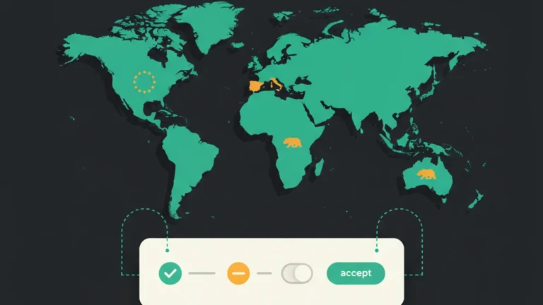 World map with EU and California highlighted, connected to a cookie-consent banner — compliance gating.