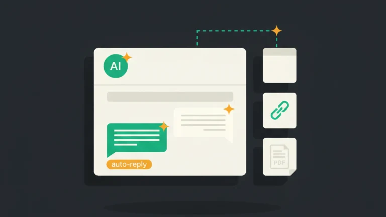 Live chat panel with an AI-tagged owner reply and a connected knowledge base of PDFs, URLs, and notes feeding the AI.