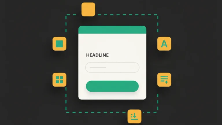 Popup card with editor tool chips around it — color, font, layout, drag — and a dashed selection outline.
