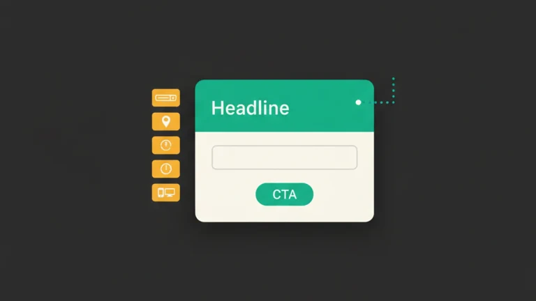 Popup card with vertical targeting-rule chips on the side — URL, geo, schedule, device.
