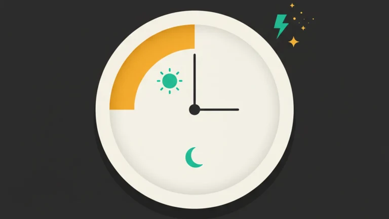 Analog clock face with an amber wedge spanning business hours, sun-dot inside and crescent moon outside.