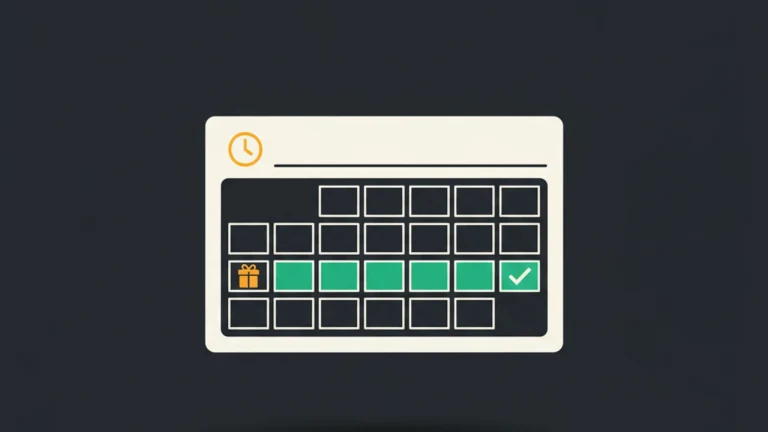 Calendar grid with five consecutive cells highlighted, marked with a gift box at the start and a check at the end.