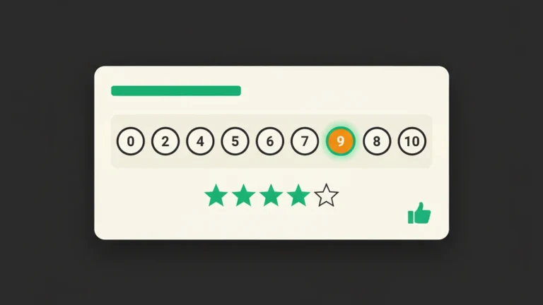NPS survey card with a 0–10 scale highlighting 9 in amber, plus a star-rating row and a thumbs-up.