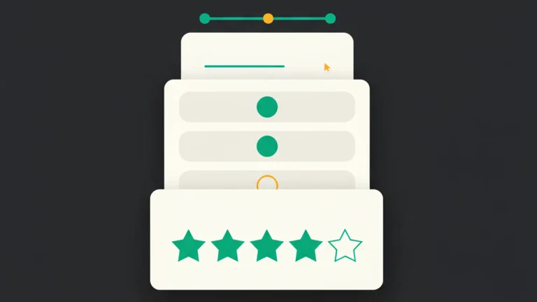 Three stacked survey-step cards — stars, radio choices, and free text — tied by a progress bar with three dots.