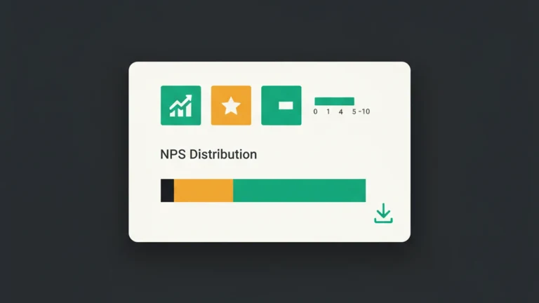 Survey results dashboard with KPI tiles and an NPS distribution bar split into detractor / passive / promoter segments.