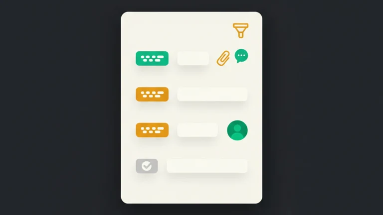 Ticket inbox card with three rows — NEW, IN PROGRESS, CLOSED — each with subject, attachment, assignee.