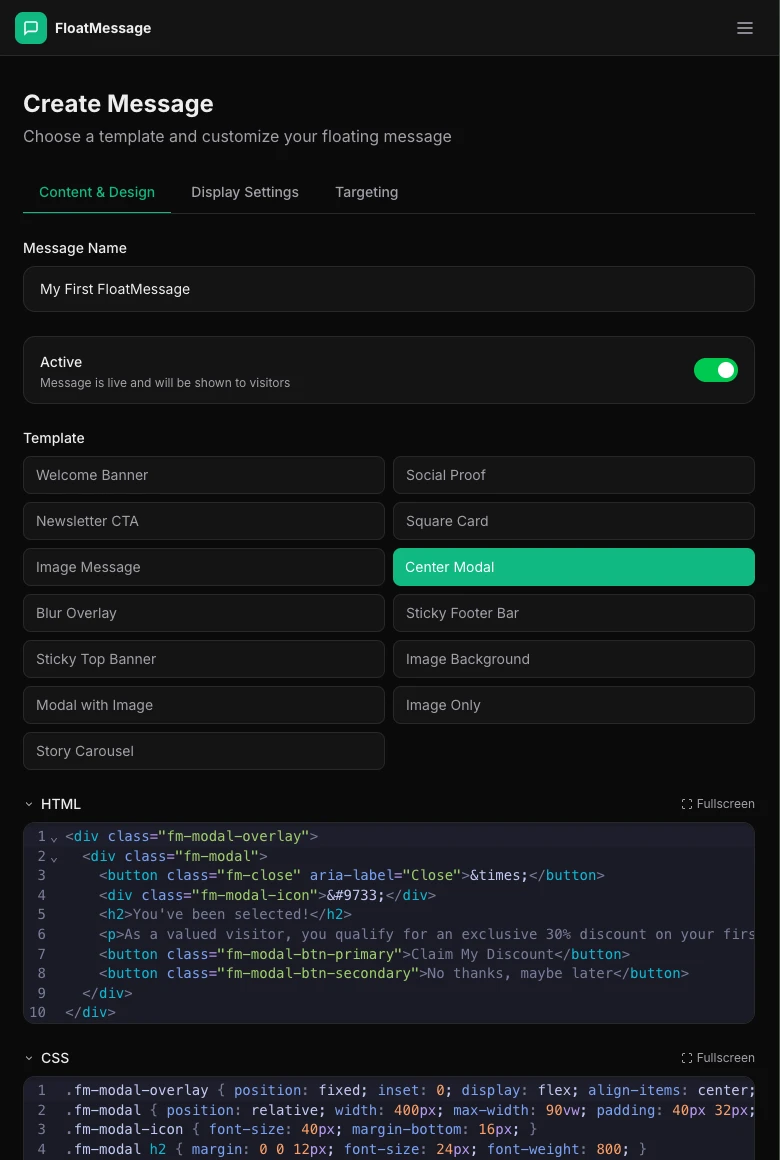 FloatMessage dashboard showing the message editor