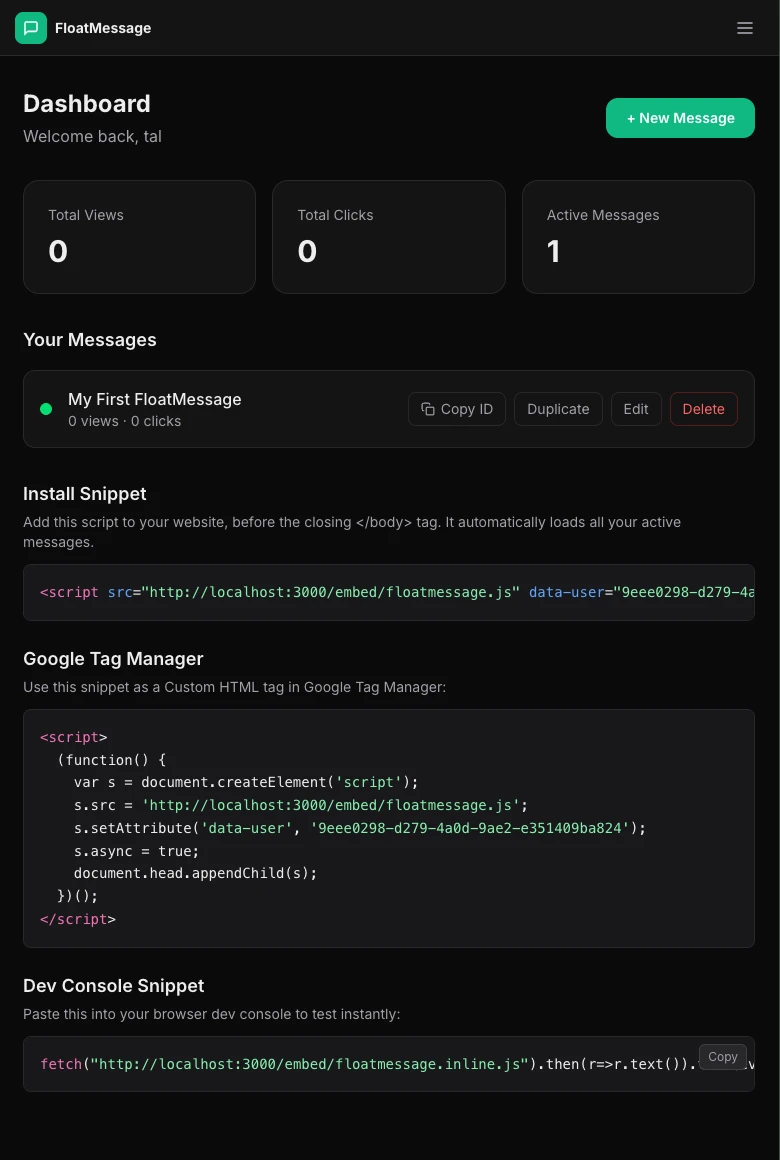 FloatMessage dashboard showing the embed snippet with User ID