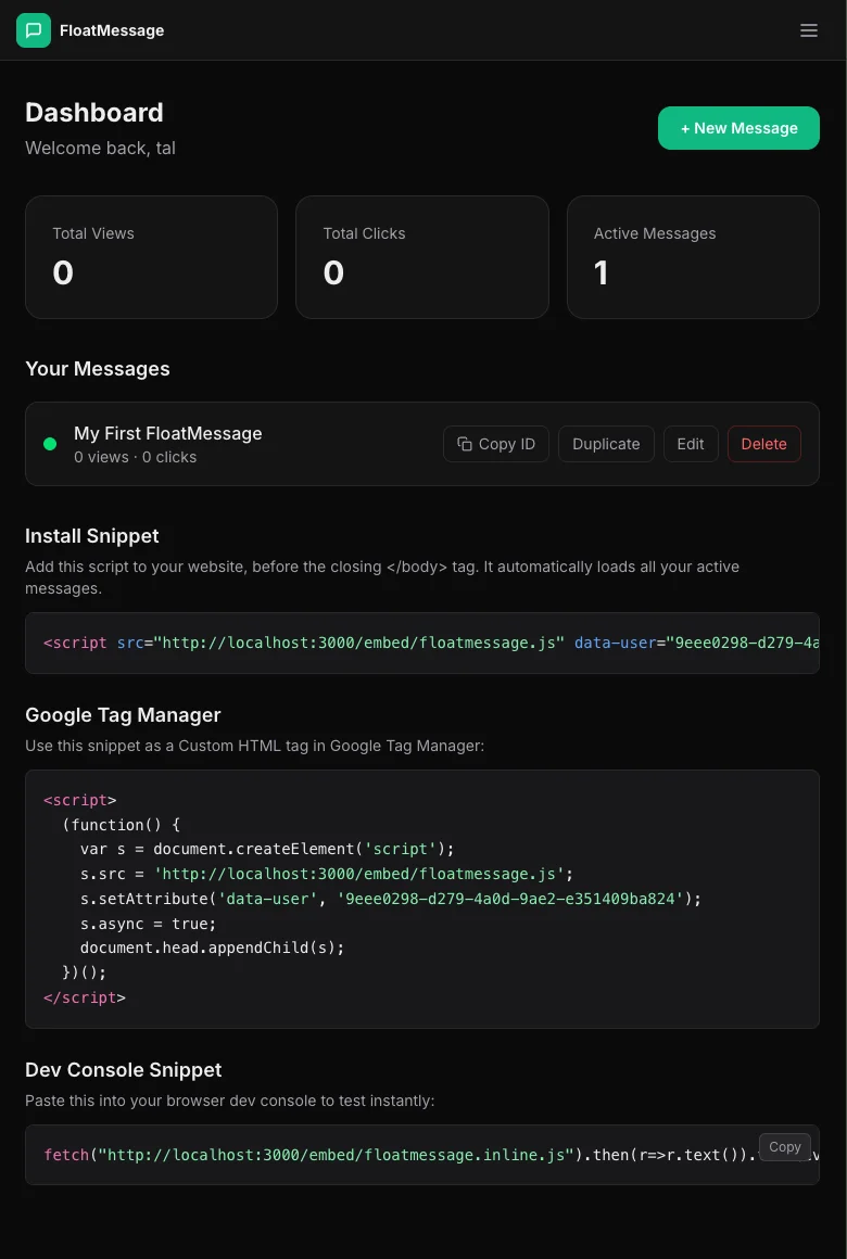 FloatMessage dashboard showing the embed snippet with User ID and install instructions