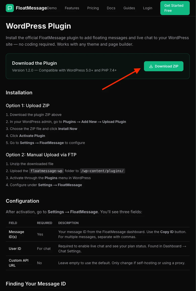 FloatMessage docs page showing the WordPress Plugin download button