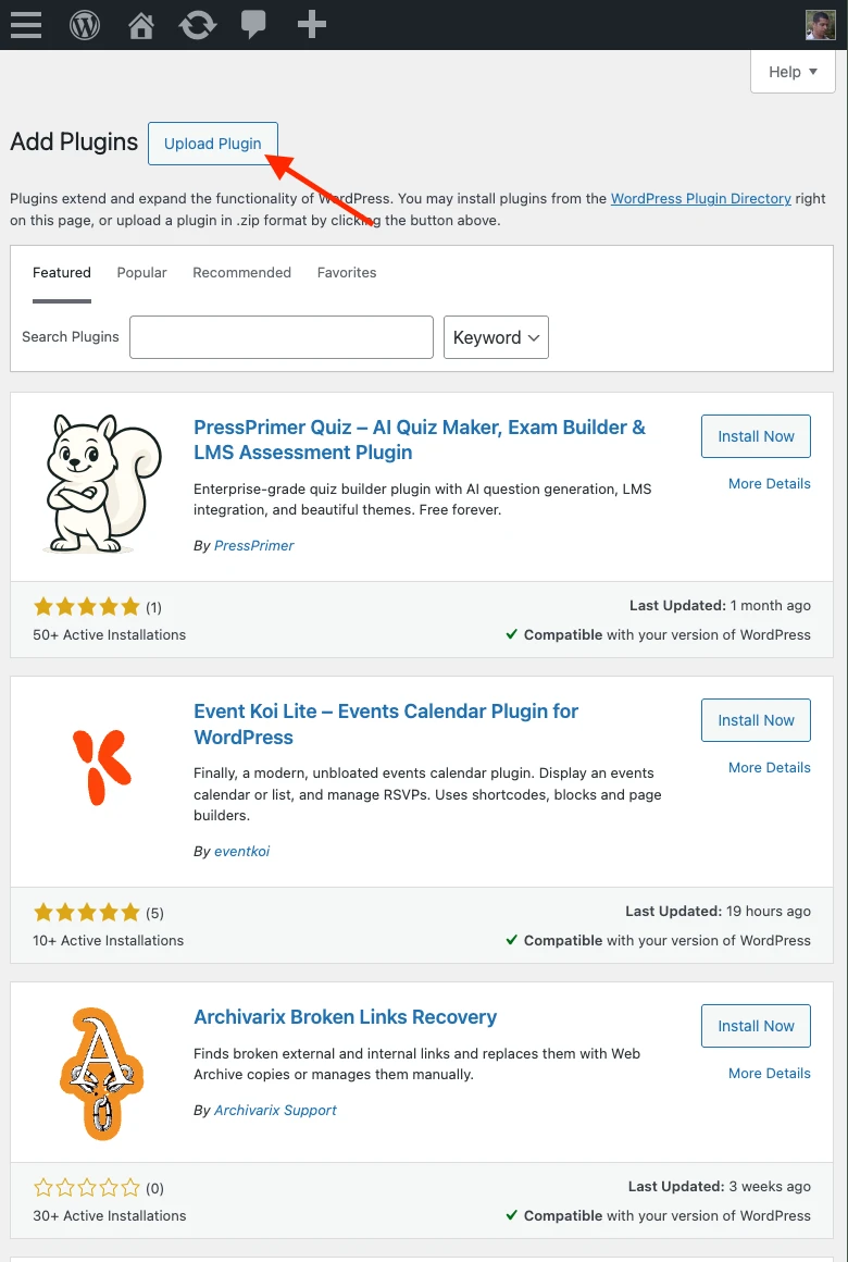 WordPress admin Plugins page with the Upload Plugin button highlighted