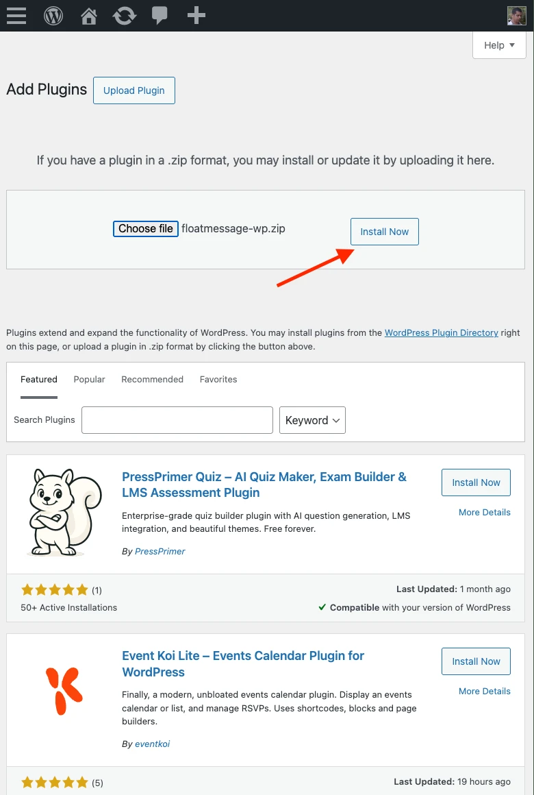 WordPress upload form showing floatmessage-wp.zip selected with Install Now button