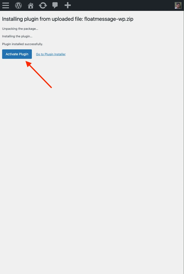 WordPress showing plugin installed successfully with Activate Plugin button