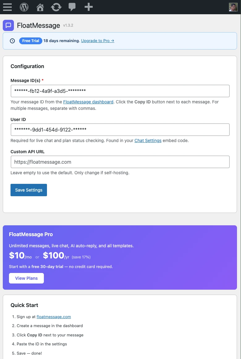 FloatMessage WordPress plugin settings page showing Message ID, User ID, and API URL fields
