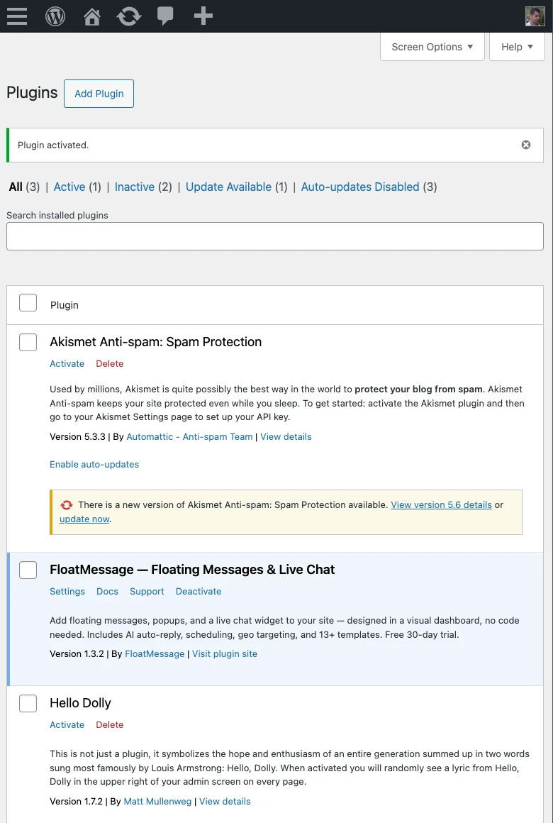 WordPress plugins list showing FloatMessage — Floating Messages & Live Chat activated