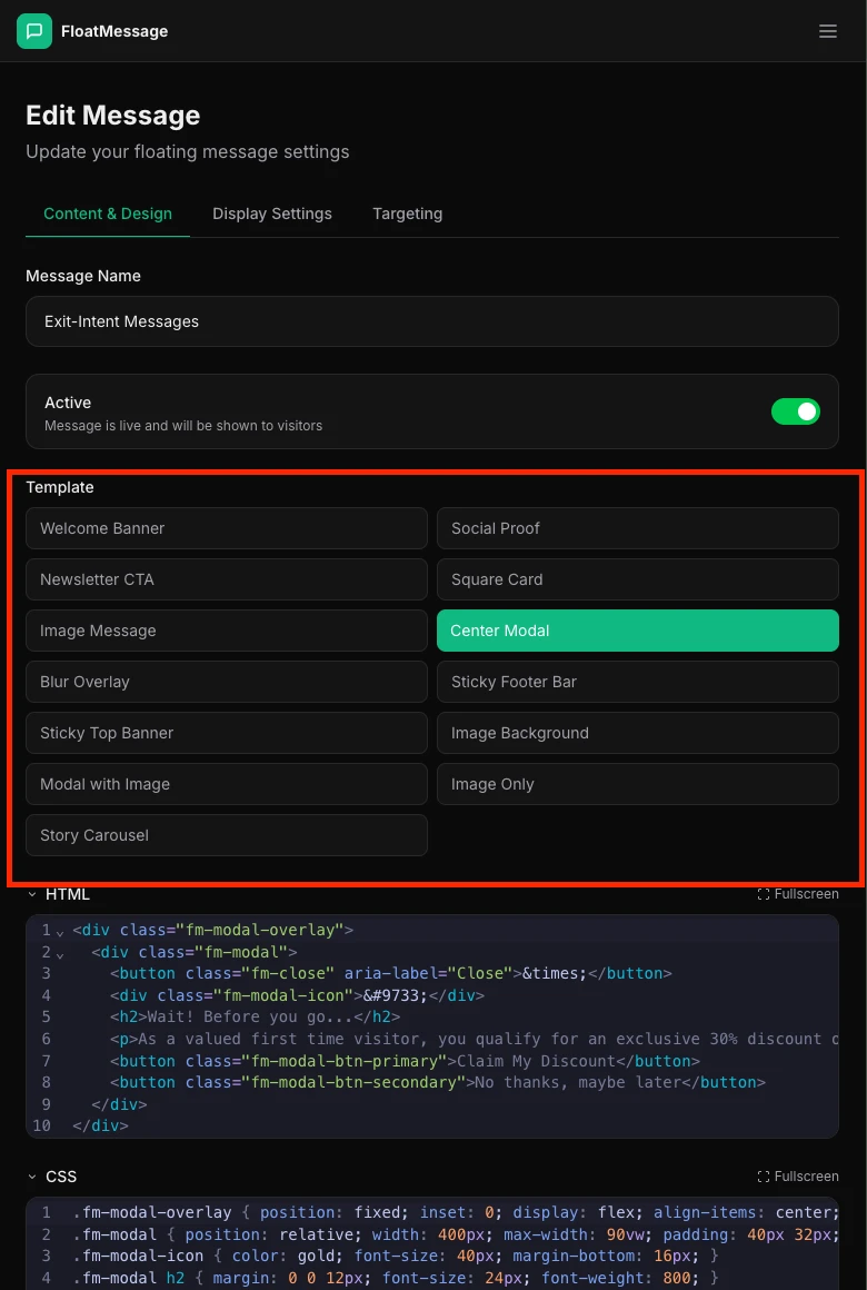 FloatMessage template selector showing all available templates: Welcome Banner, Social Proof, Newsletter CTA, Coupon Card, Image Message, Cookie Notice, Sticky Top Banner, Image Background, Modal with Image, and Story Carousel