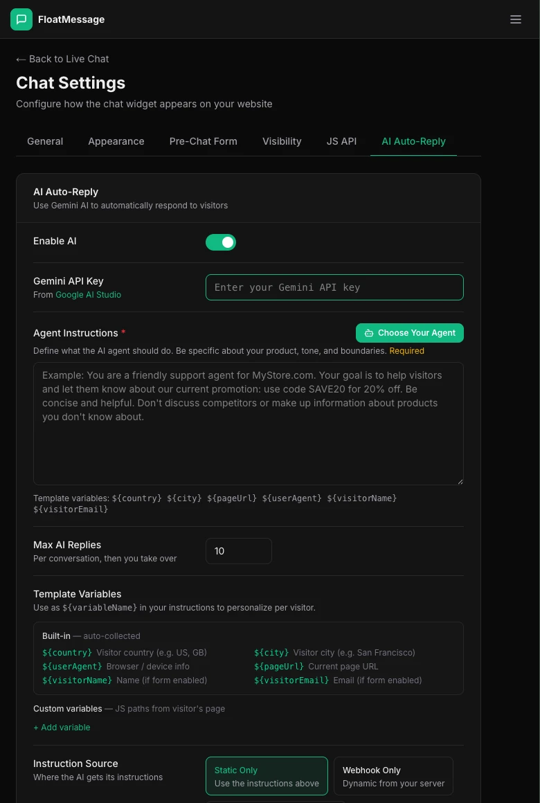 Chat Settings AI Auto-Reply tab showing Enable AI toggle, Gemini API key field, and agent instructions