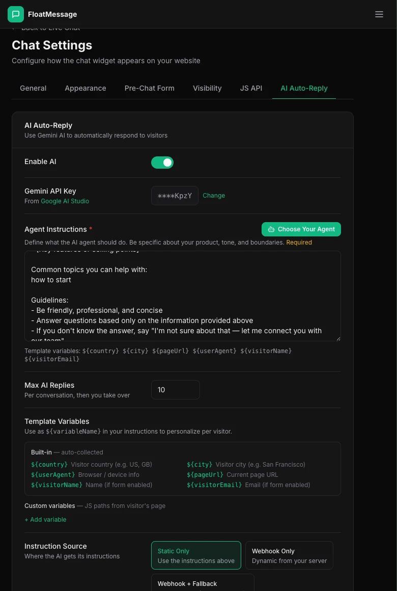 Agent Instruction Examples modal showing presets like Customer Support, Coupon/Promotion, Lead Generation, Product Recommendations, and more