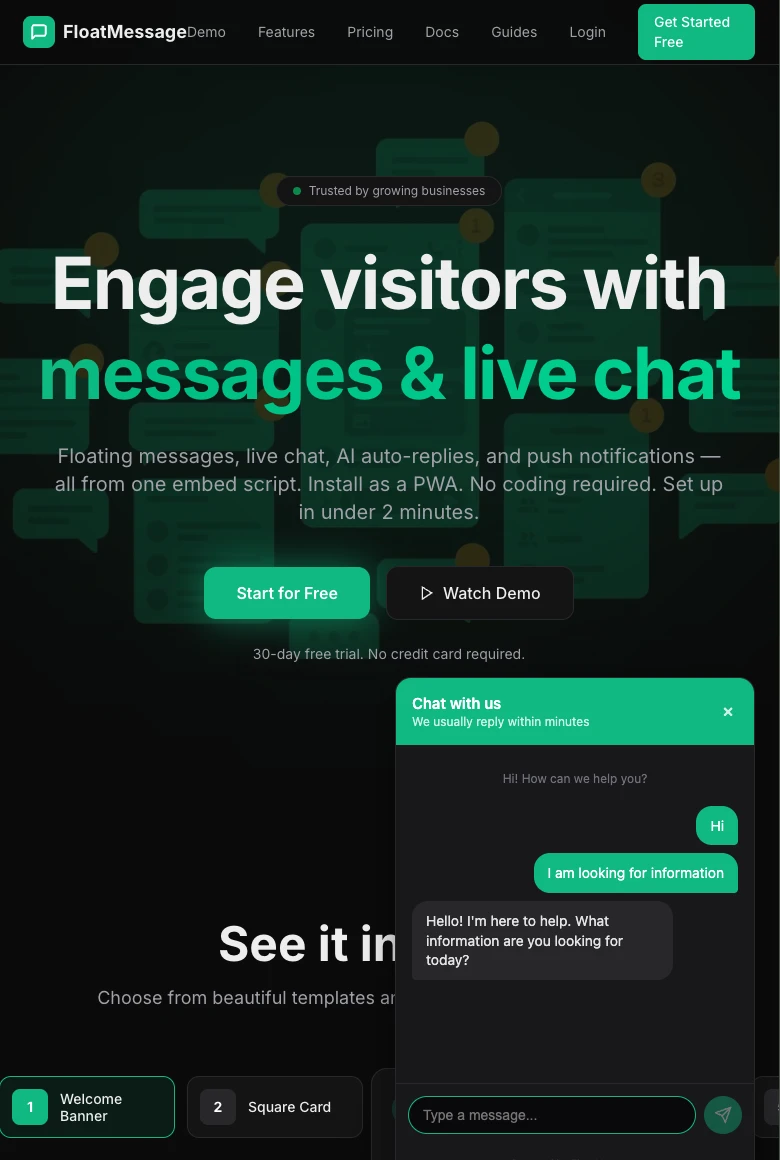 Live website showing the chat widget with an AI-generated auto-reply to a visitor message