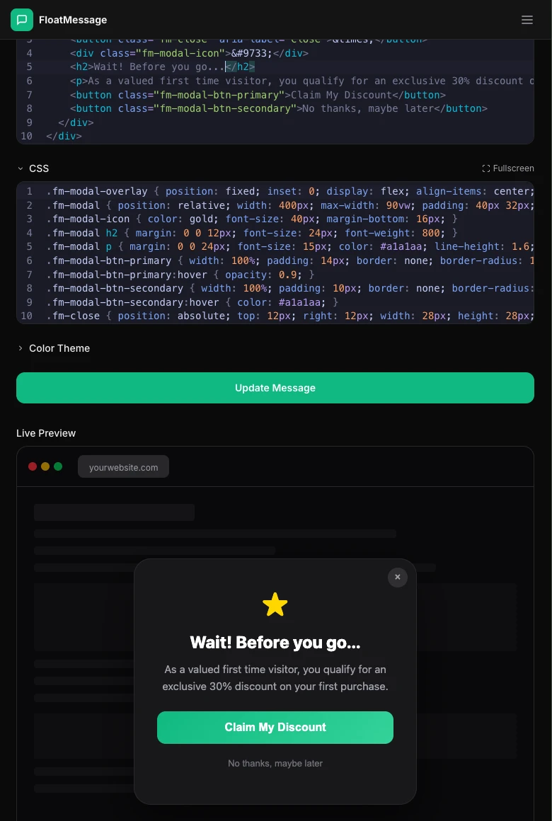 Message editor showing an exit-intent message with 'Wait! Before you go...' heading and a 30% discount offer