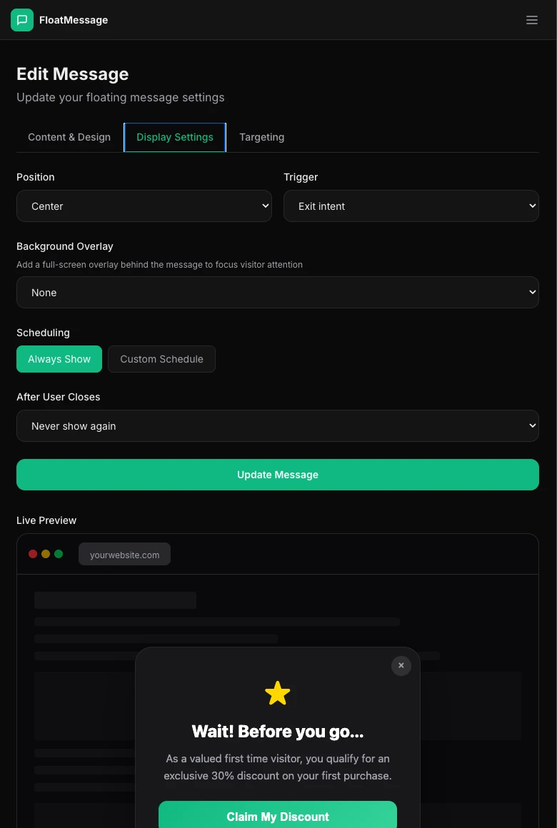 Display Settings showing Position: Center, Trigger: Exit Intent, Background Overlay: Dark, After User Closes: Never show again