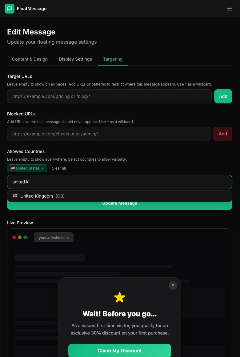 Targeting tab showing Allowed Countries with United Kingdom selected, plus Target URLs and Blocked URLs fields