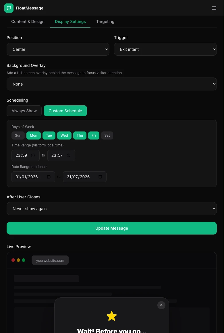 Display Settings showing trigger options including Immediately and Exit Intent
