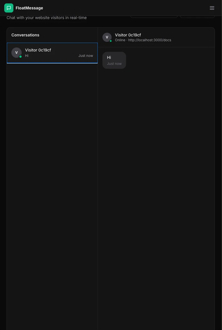 FloatMessage dashboard sidebar with Live Chat selected, showing empty conversations view