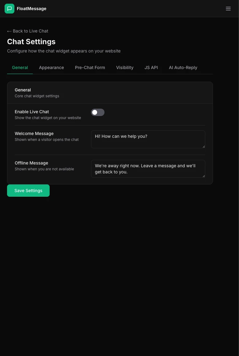 Chat Settings page showing the General tab with Enable Live Chat toggle, welcome message, and offline message fields