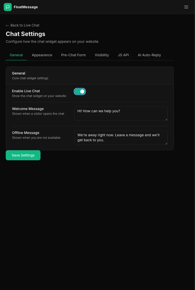 Chat Settings with Enable Live Chat toggled on