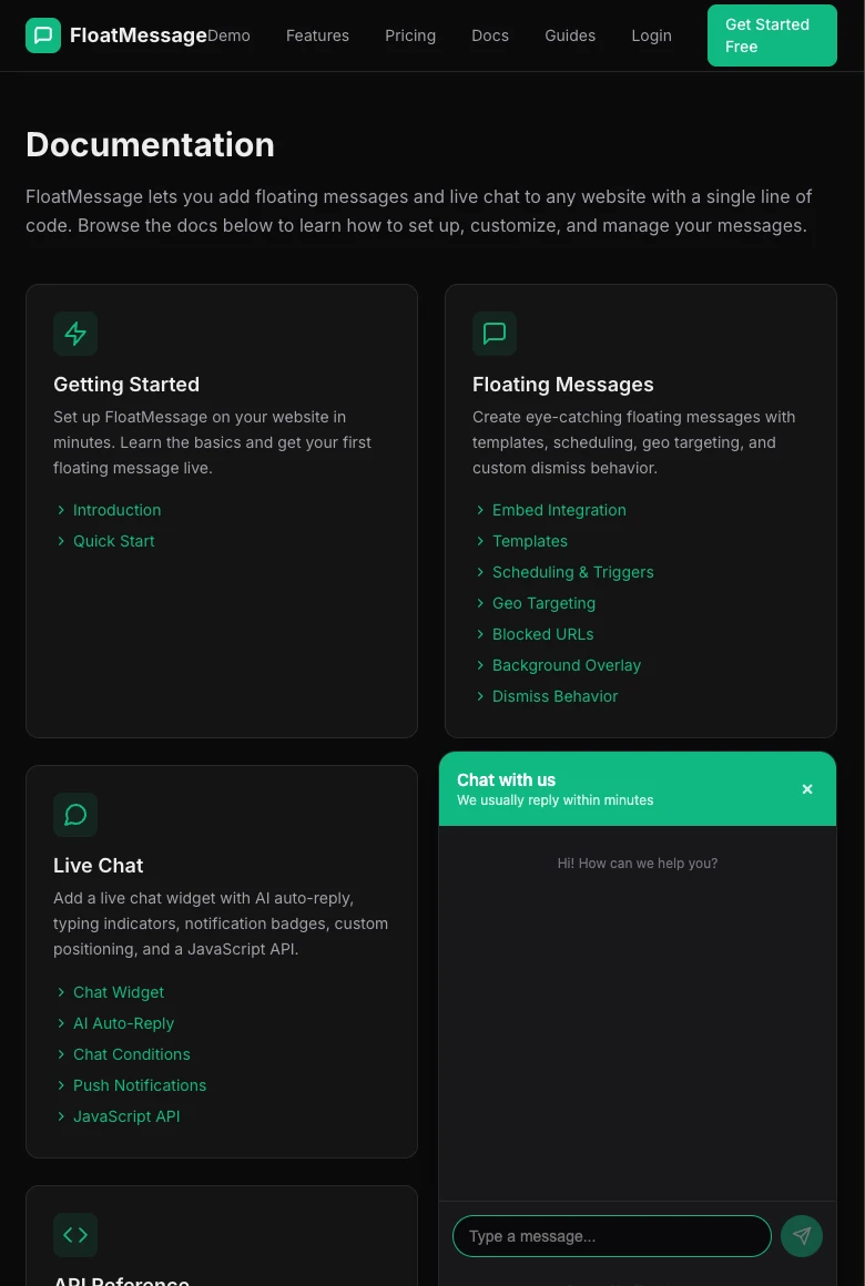 Website showing the FloatMessage chat widget open in the bottom right corner