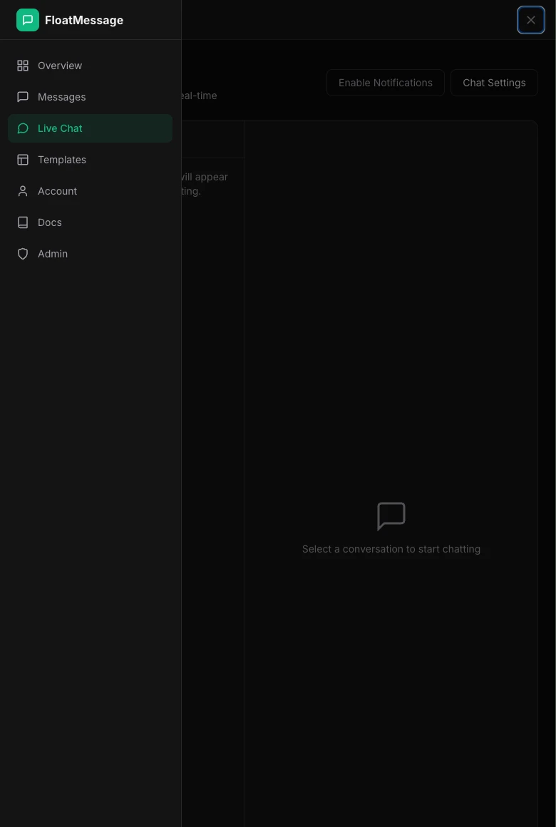 FloatMessage dashboard sidebar with Live Chat selected