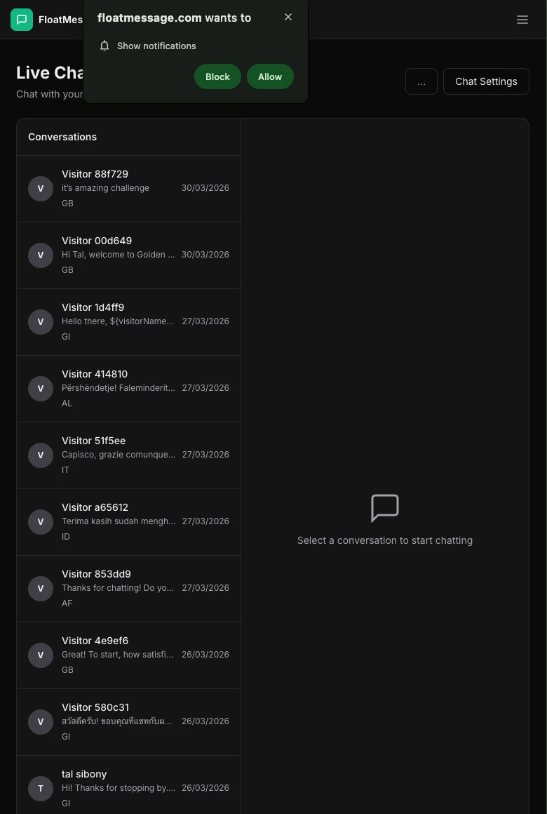 Browser permission prompt asking to allow notifications from floatmessage.com with Block and Allow buttons