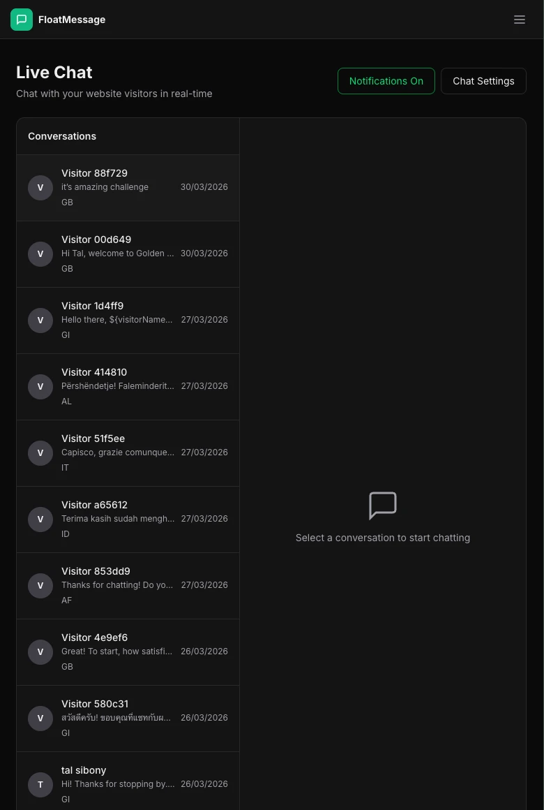 Live Chat page showing Notifications On button, confirming push notifications are enabled