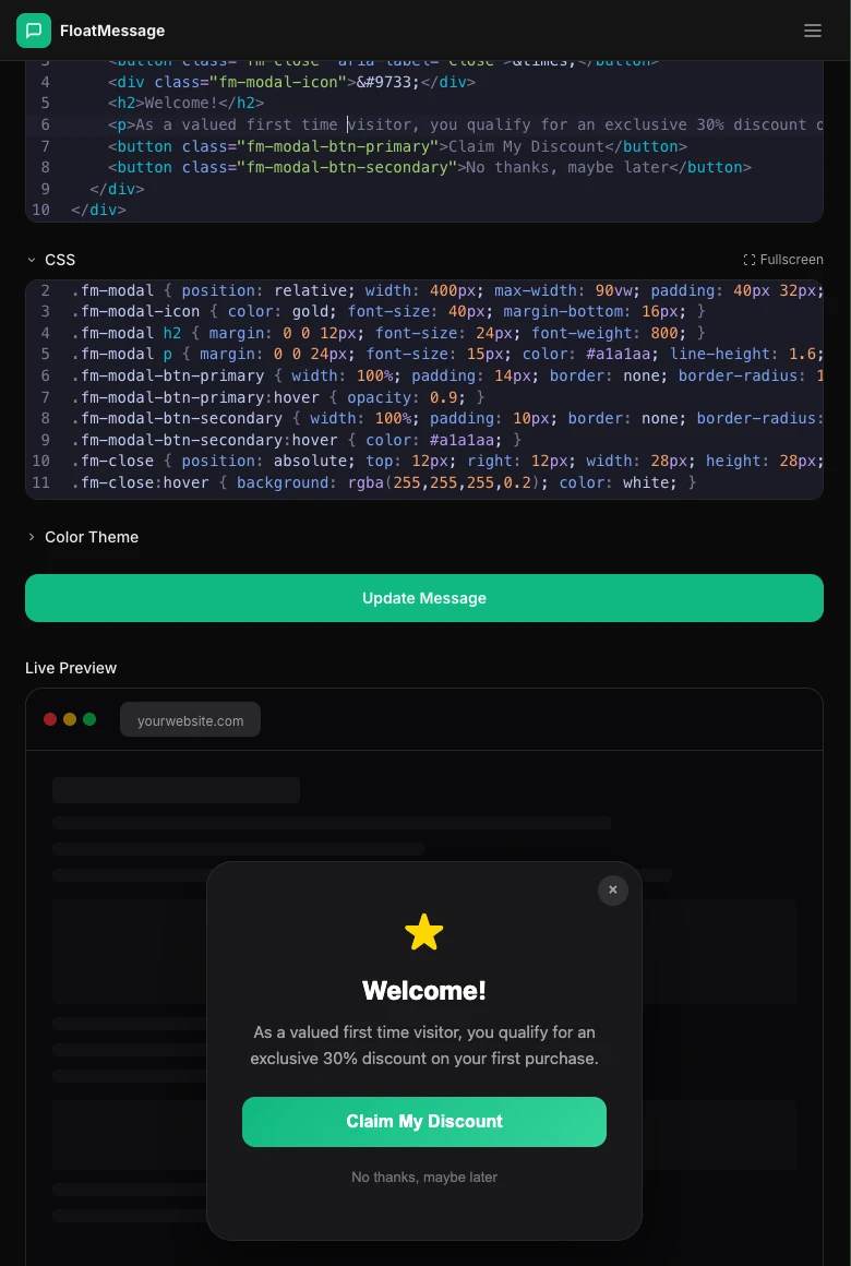 Message editor showing HTML and CSS for a welcome banner with a 30% discount offer and Claim My Discount CTA button