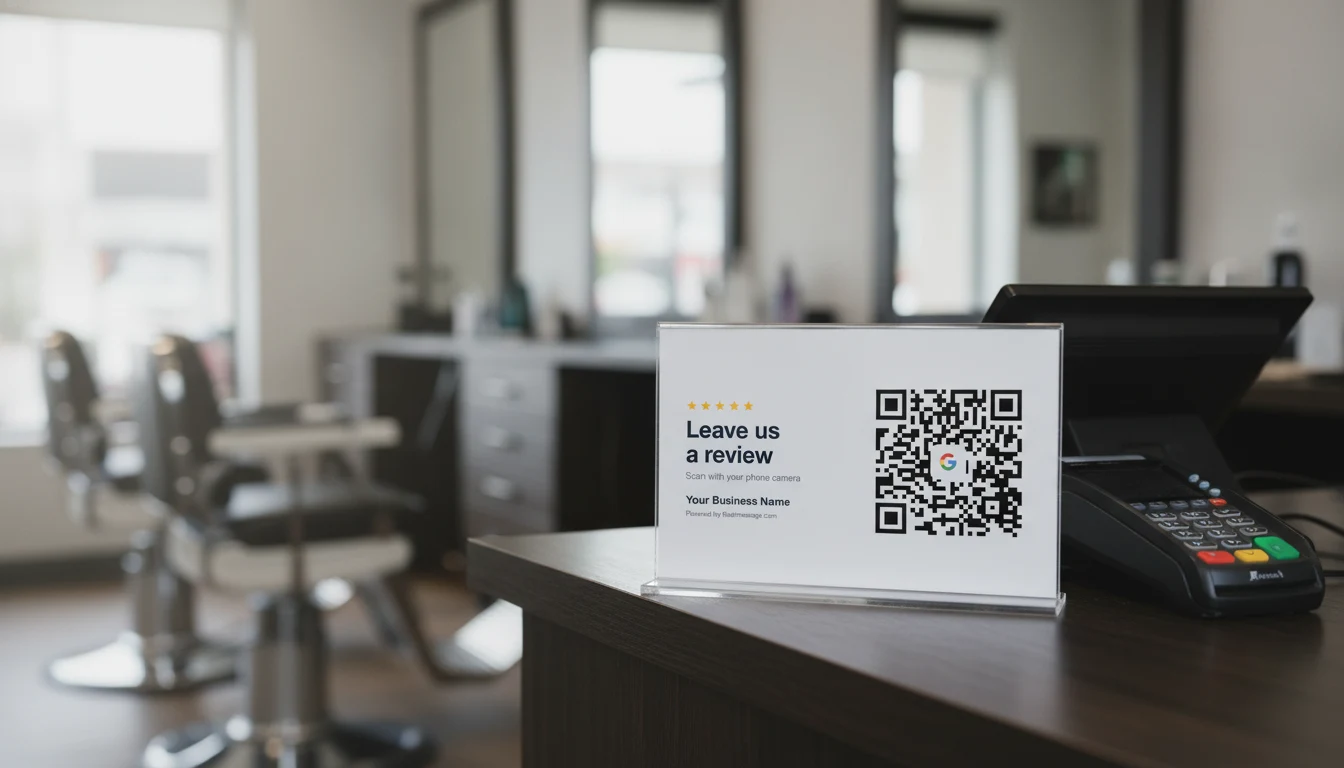 The white counter sign standing on a barbershop counter beside the card reader